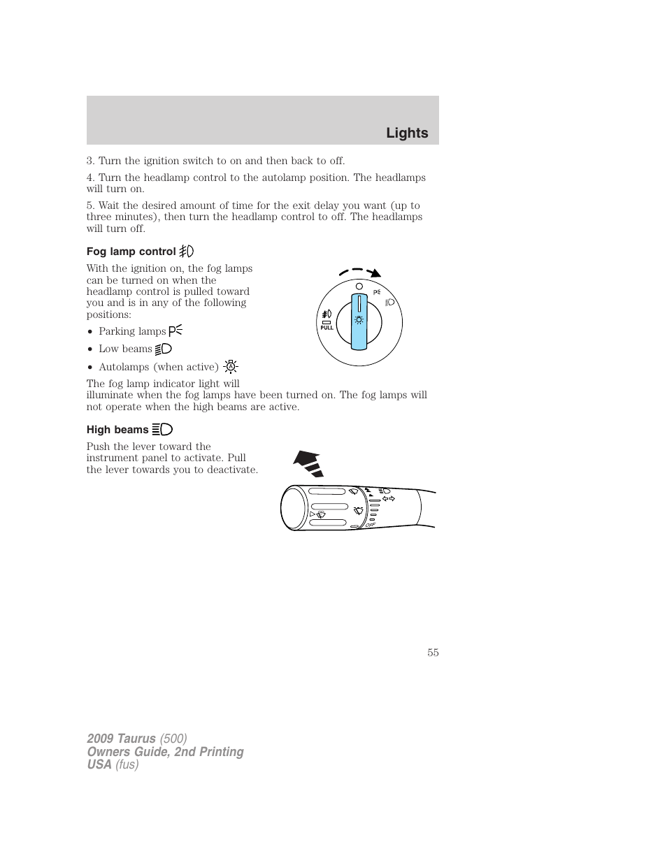 Fog lamp control, High beams, Lights | FORD 2009 Taurus v.2 User Manual | Page 55 / 308