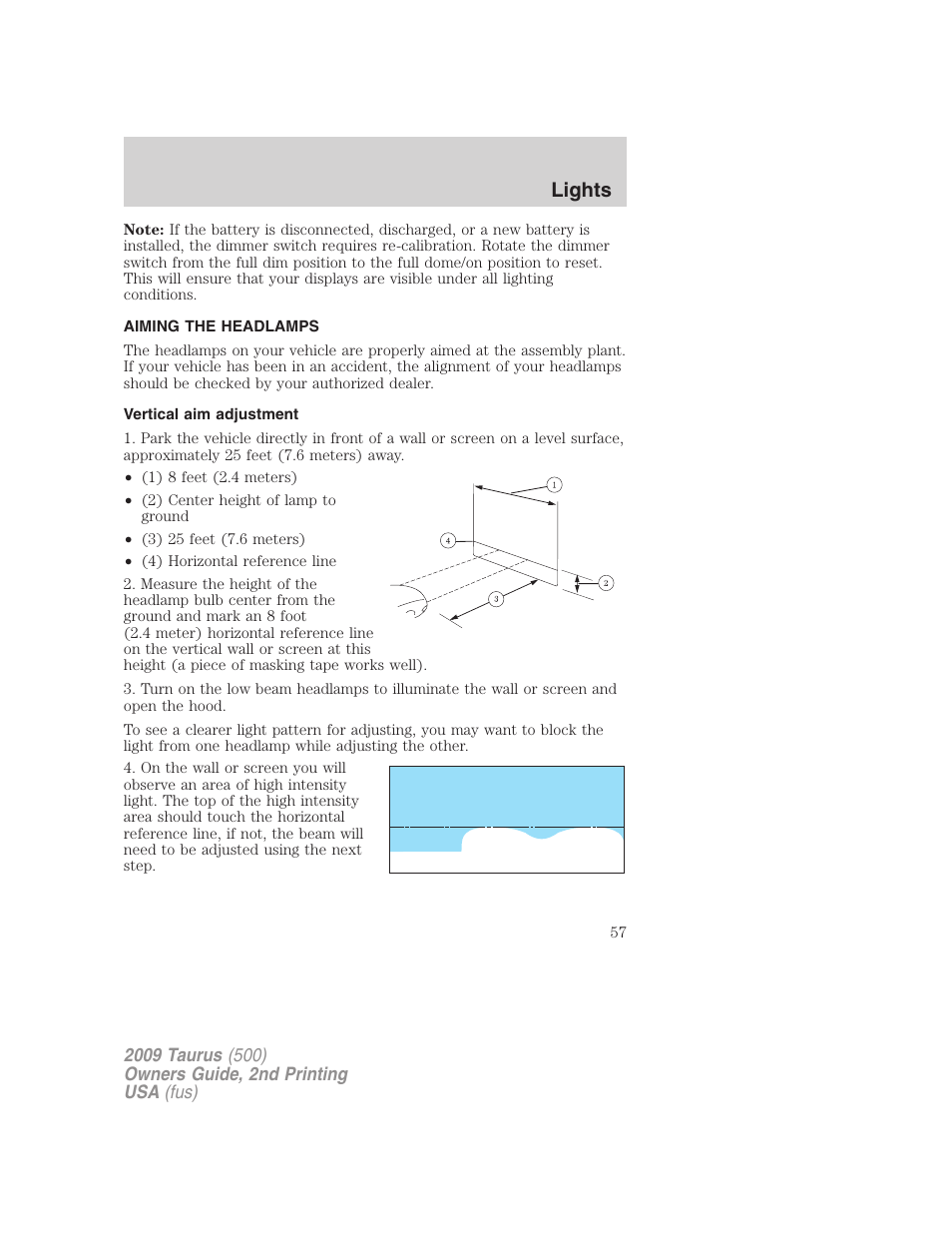 Aiming the headlamps, Vertical aim adjustment, Lights | FORD 2009 Taurus v.2 User Manual | Page 57 / 308