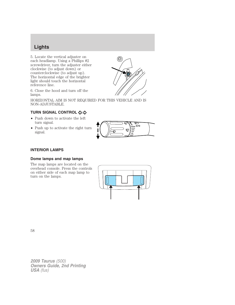 Turn signal control, Interior lamps, Dome lamps and map lamps | Lights | FORD 2009 Taurus v.2 User Manual | Page 58 / 308