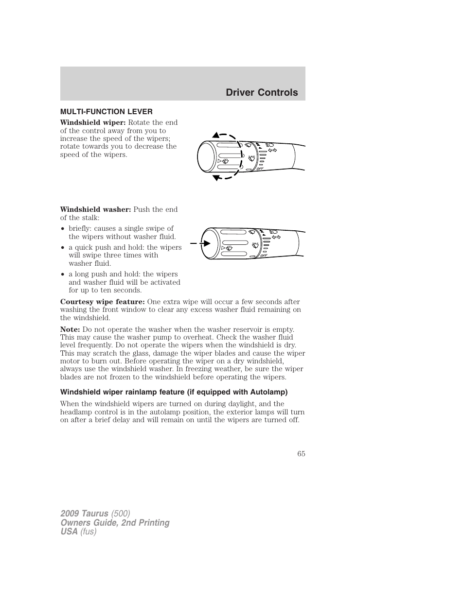 Driver controls, Multi-function lever, Windshield wiper/washer control | FORD 2009 Taurus v.2 User Manual | Page 65 / 308