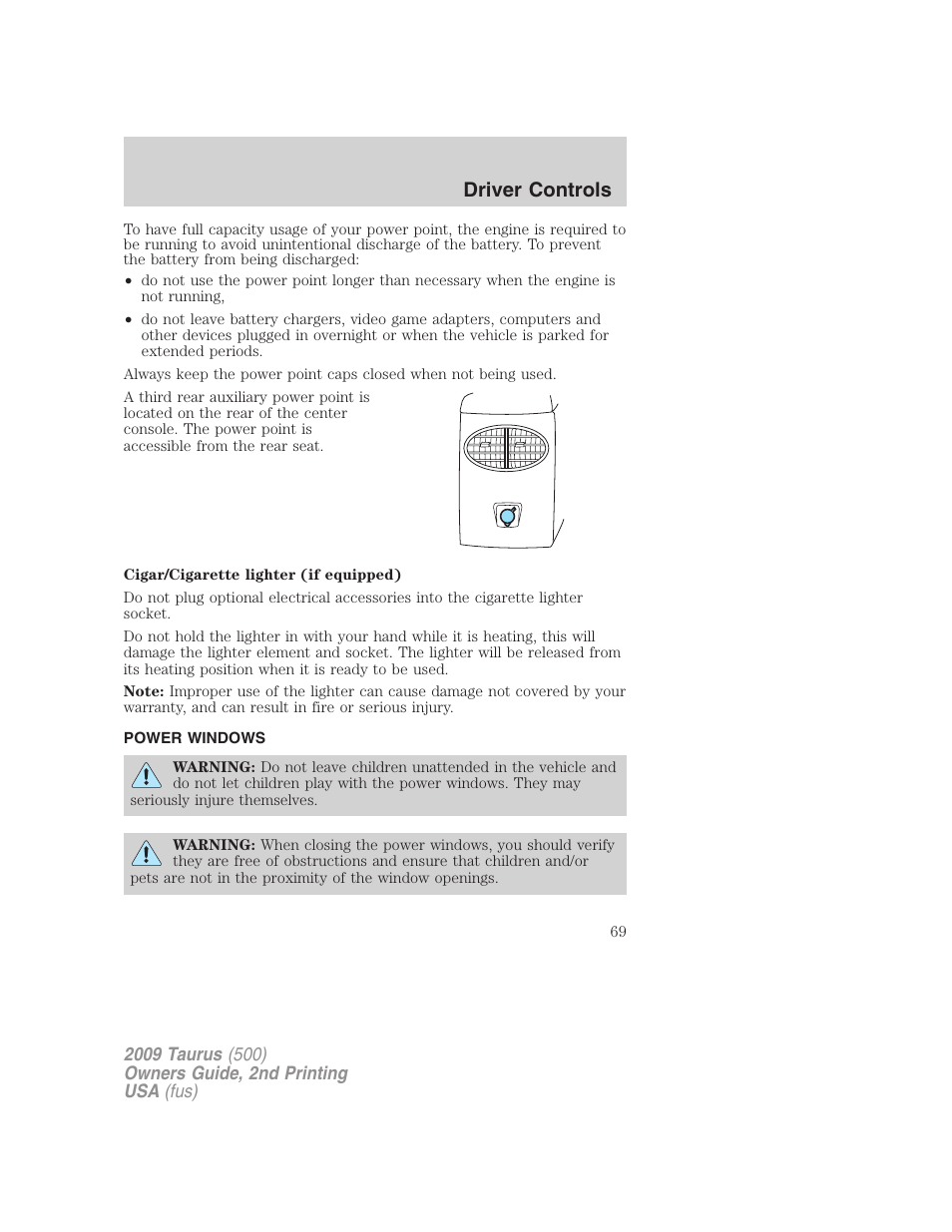 Power windows, Driver controls | FORD 2009 Taurus v.2 User Manual | Page 69 / 308