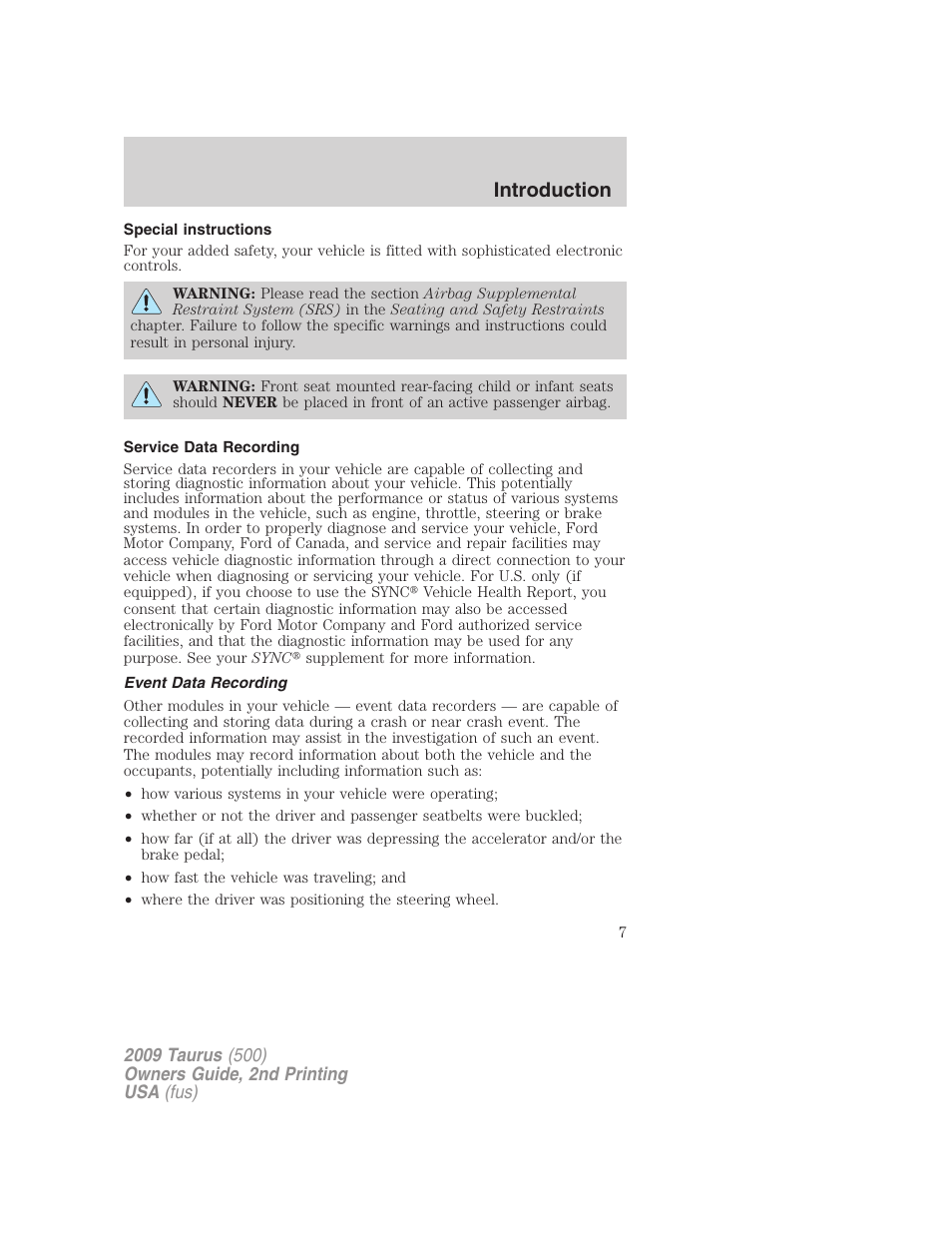 Special instructions, Service data recording, Event data recording | Introduction | FORD 2009 Taurus v.2 User Manual | Page 7 / 308