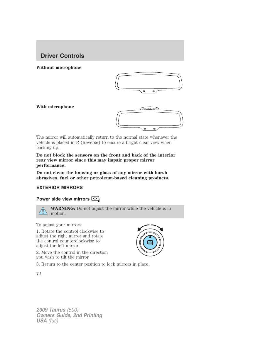 Exterior mirrors, Power side view mirrors, Driver controls | FORD 2009 Taurus v.2 User Manual | Page 72 / 308
