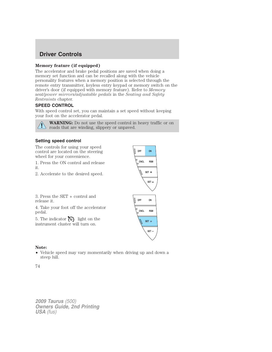 Speed control, Setting speed control, Driver controls | FORD 2009 Taurus v.2 User Manual | Page 74 / 308