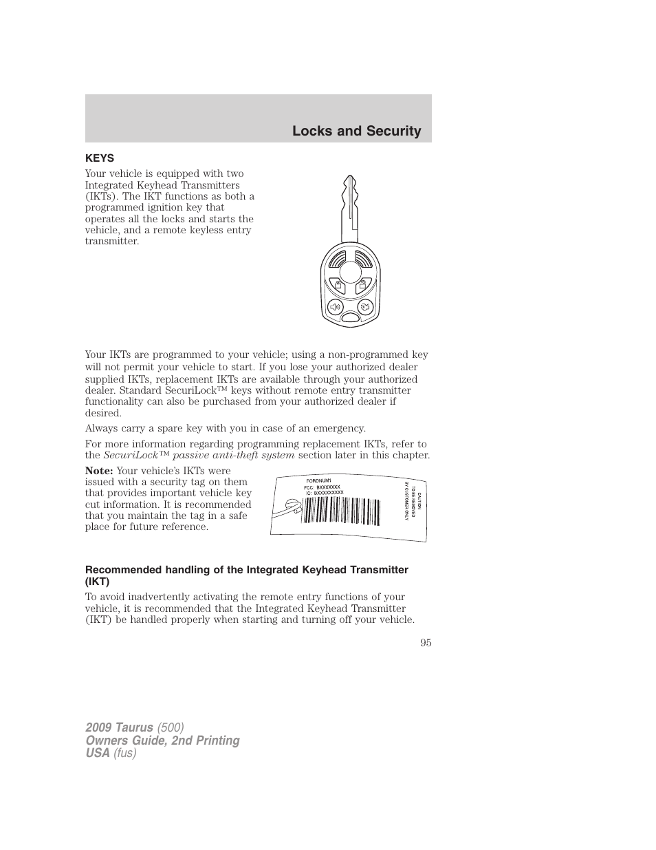 Locks and security, Keys | FORD 2009 Taurus v.2 User Manual | Page 95 / 308