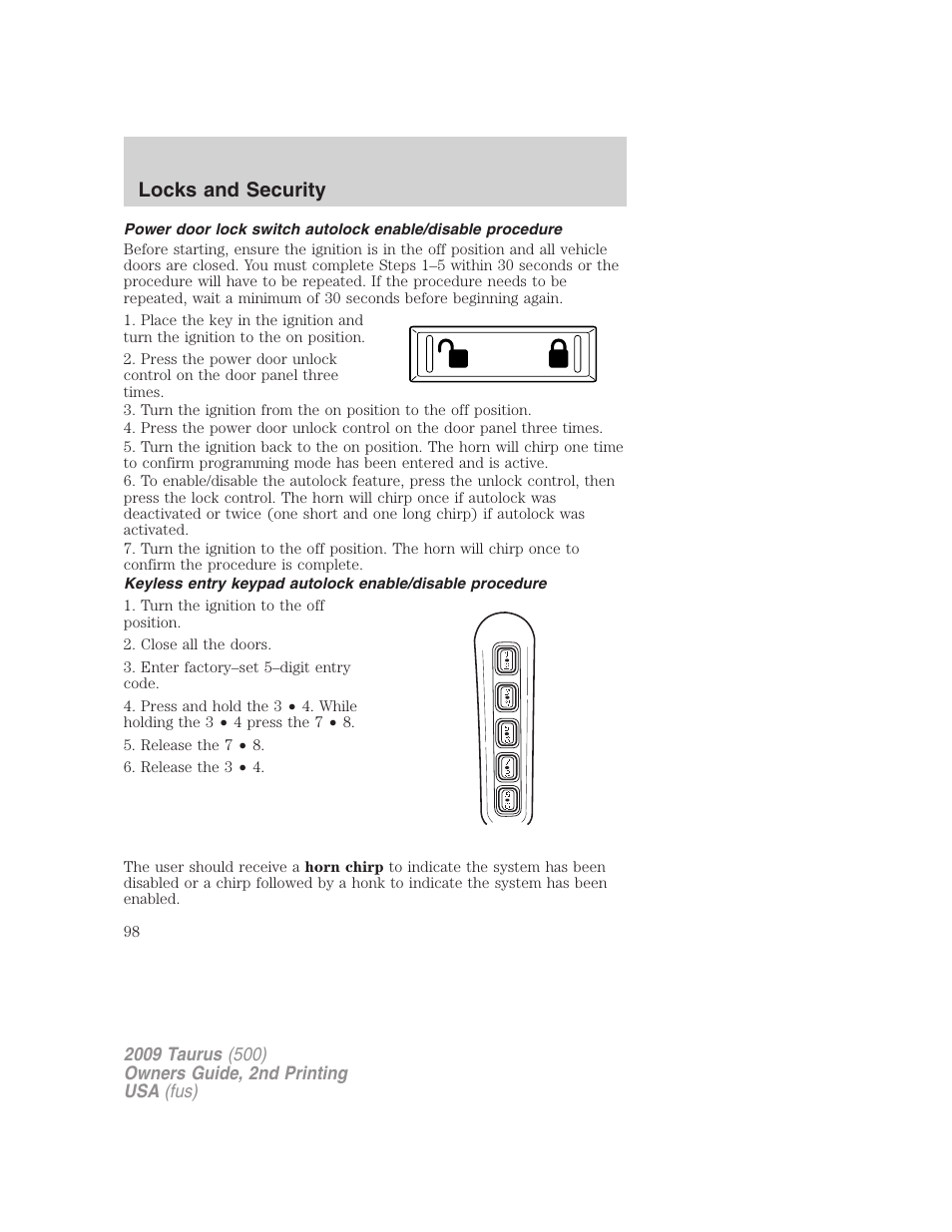 Locks and security | FORD 2009 Taurus v.2 User Manual | Page 98 / 308