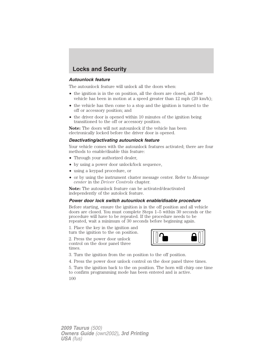Autounlock feature, Deactivating/activating autounlock feature, Locks and security | FORD 2009 Taurus v.3 User Manual | Page 100 / 309
