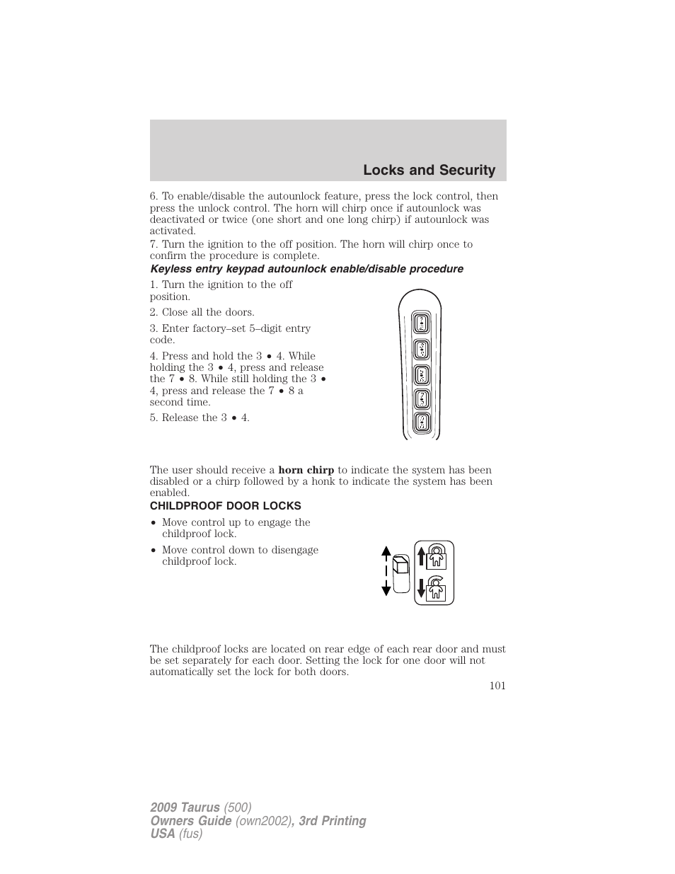 Childproof door locks, Locks and security | FORD 2009 Taurus v.3 User Manual | Page 101 / 309