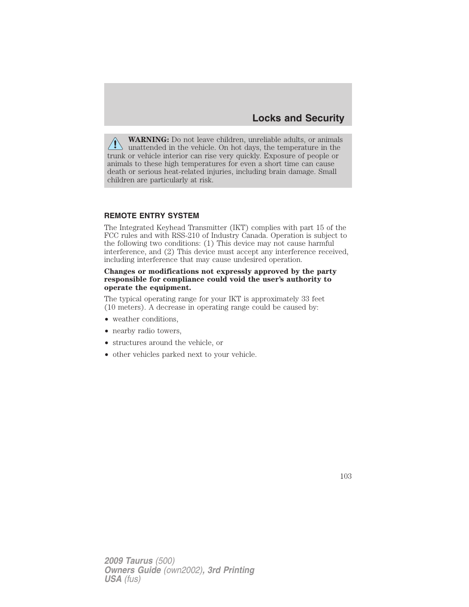Remote entry system, Locks and security | FORD 2009 Taurus v.3 User Manual | Page 103 / 309