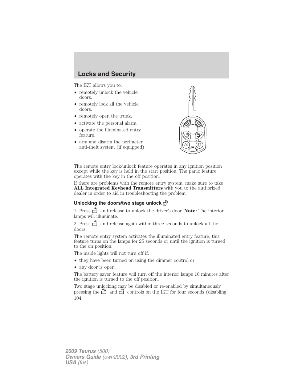 Unlocking the doors/two stage unlock, Locks and security | FORD 2009 Taurus v.3 User Manual | Page 104 / 309