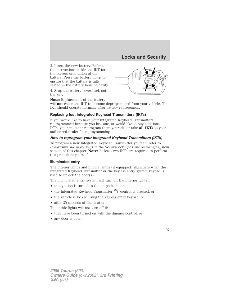 Illuminated entry, Locks and security | FORD 2009 Taurus v.3 User Manual | Page 107 / 309