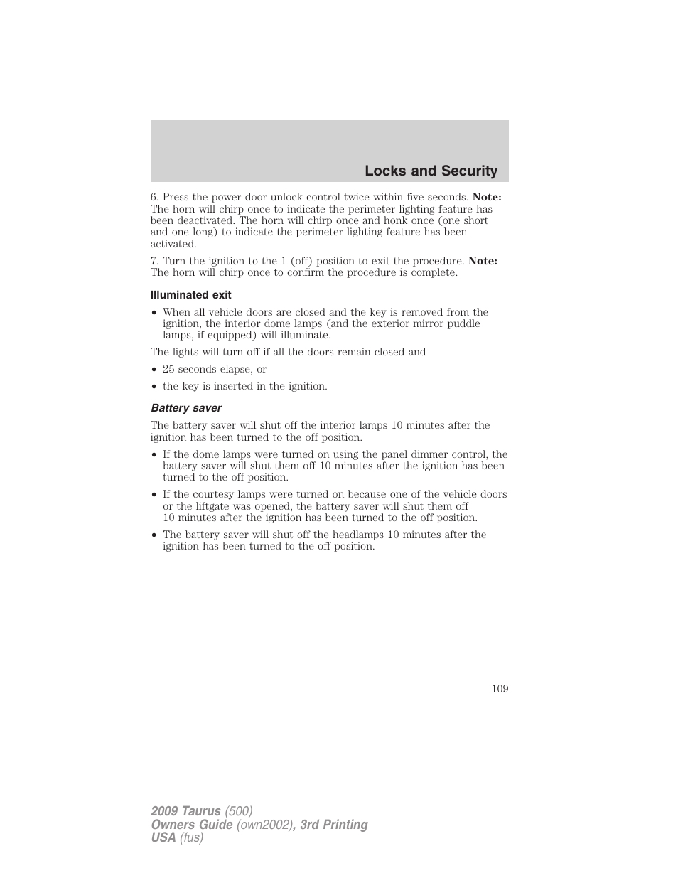 Illuminated exit, Battery saver, Locks and security | FORD 2009 Taurus v.3 User Manual | Page 109 / 309