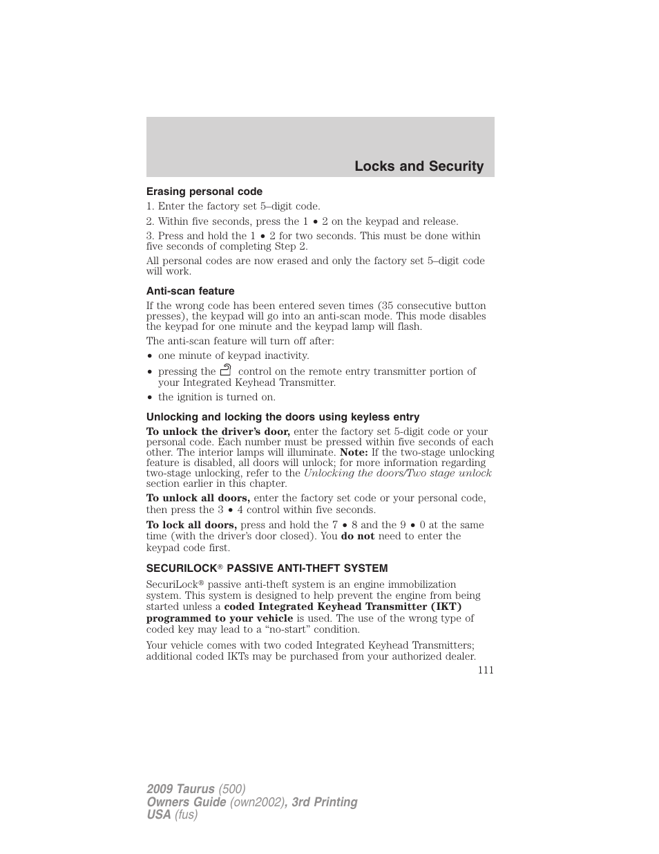 Erasing personal code, Anti-scan feature, Securilock passive anti-theft system | Anti-theft system, Locks and security | FORD 2009 Taurus v.3 User Manual | Page 111 / 309