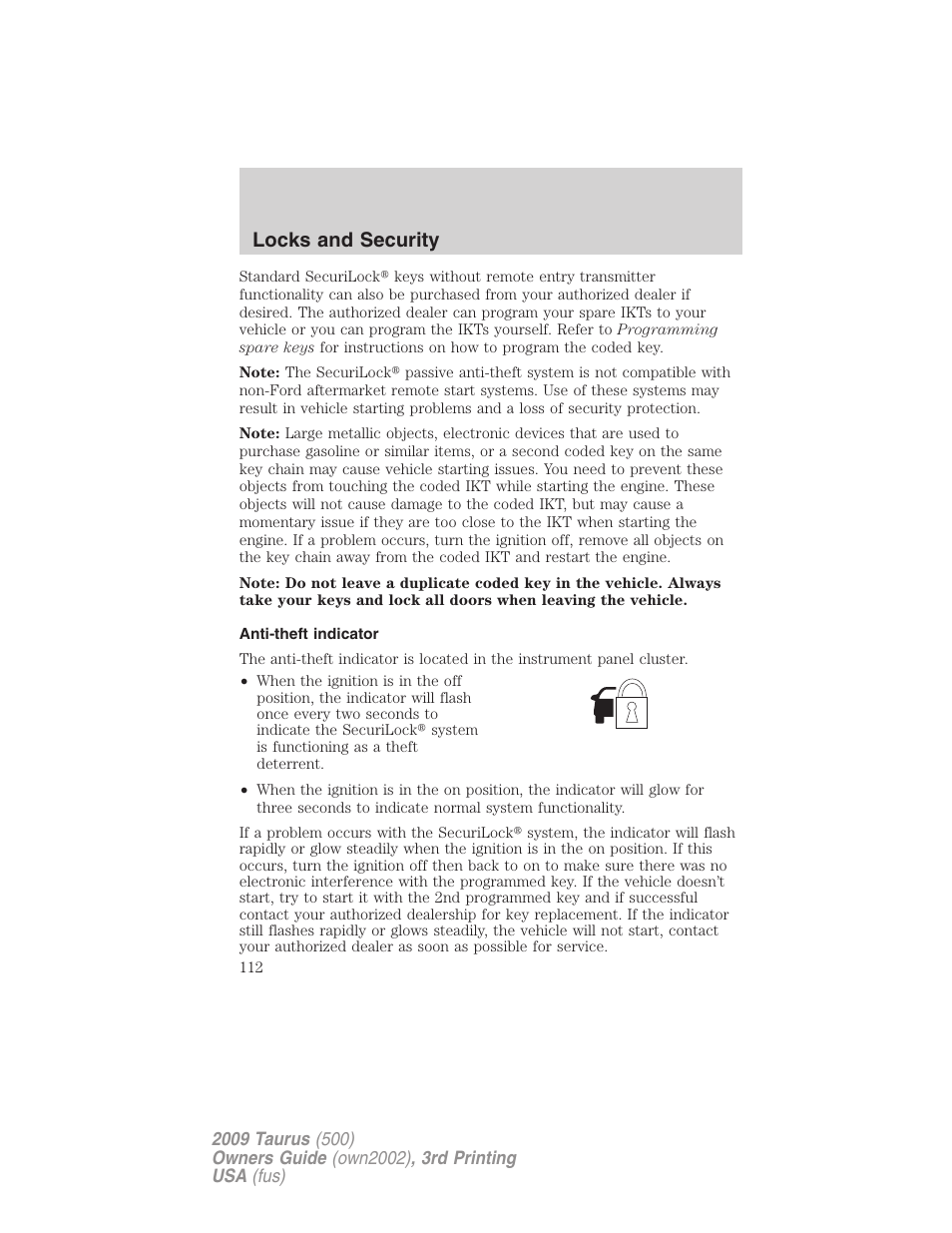 Anti-theft indicator, Locks and security | FORD 2009 Taurus v.3 User Manual | Page 112 / 309