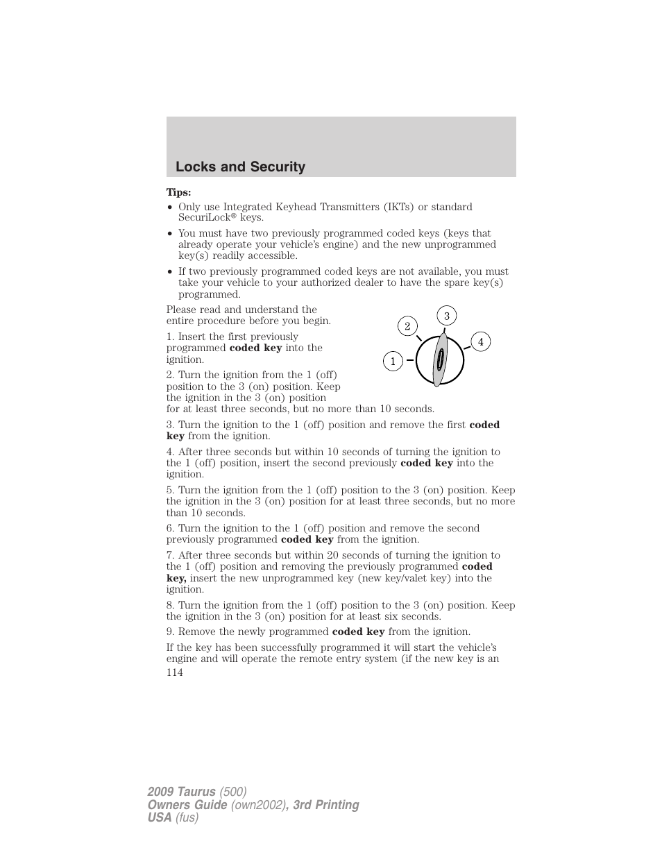 Locks and security | FORD 2009 Taurus v.3 User Manual | Page 114 / 309