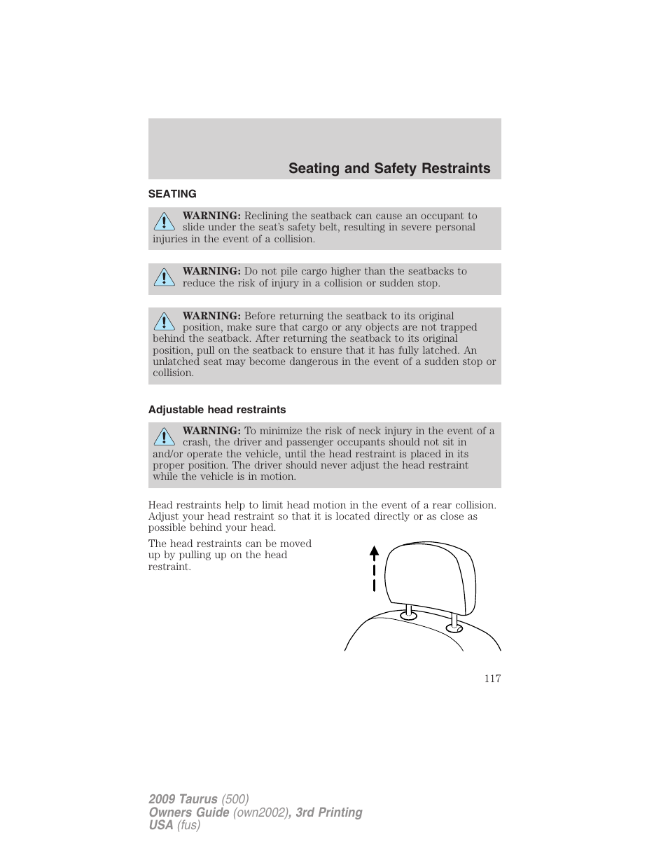 Seating and safety restraints, Seating, Adjustable head restraints | FORD 2009 Taurus v.3 User Manual | Page 117 / 309