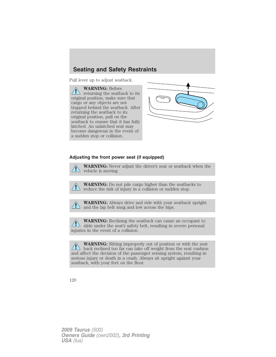Adjusting the front power seat (if equipped), Seating and safety restraints | FORD 2009 Taurus v.3 User Manual | Page 120 / 309
