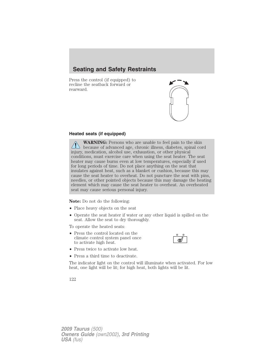 Heated seats (if equipped), Seating and safety restraints | FORD 2009 Taurus v.3 User Manual | Page 122 / 309