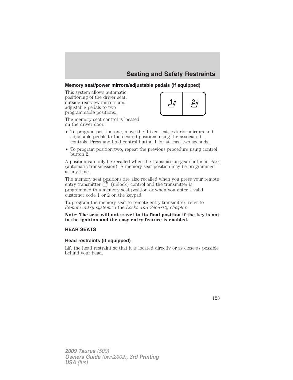 Rear seats, Head restraints (if equipped), Seating and safety restraints | FORD 2009 Taurus v.3 User Manual | Page 123 / 309