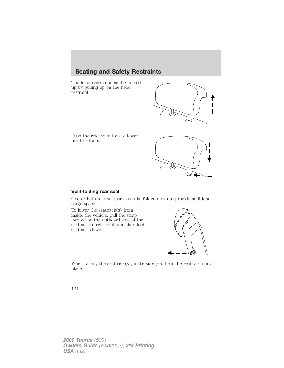 Split-folding rear seat, Seating and safety restraints | FORD 2009 Taurus v.3 User Manual | Page 124 / 309