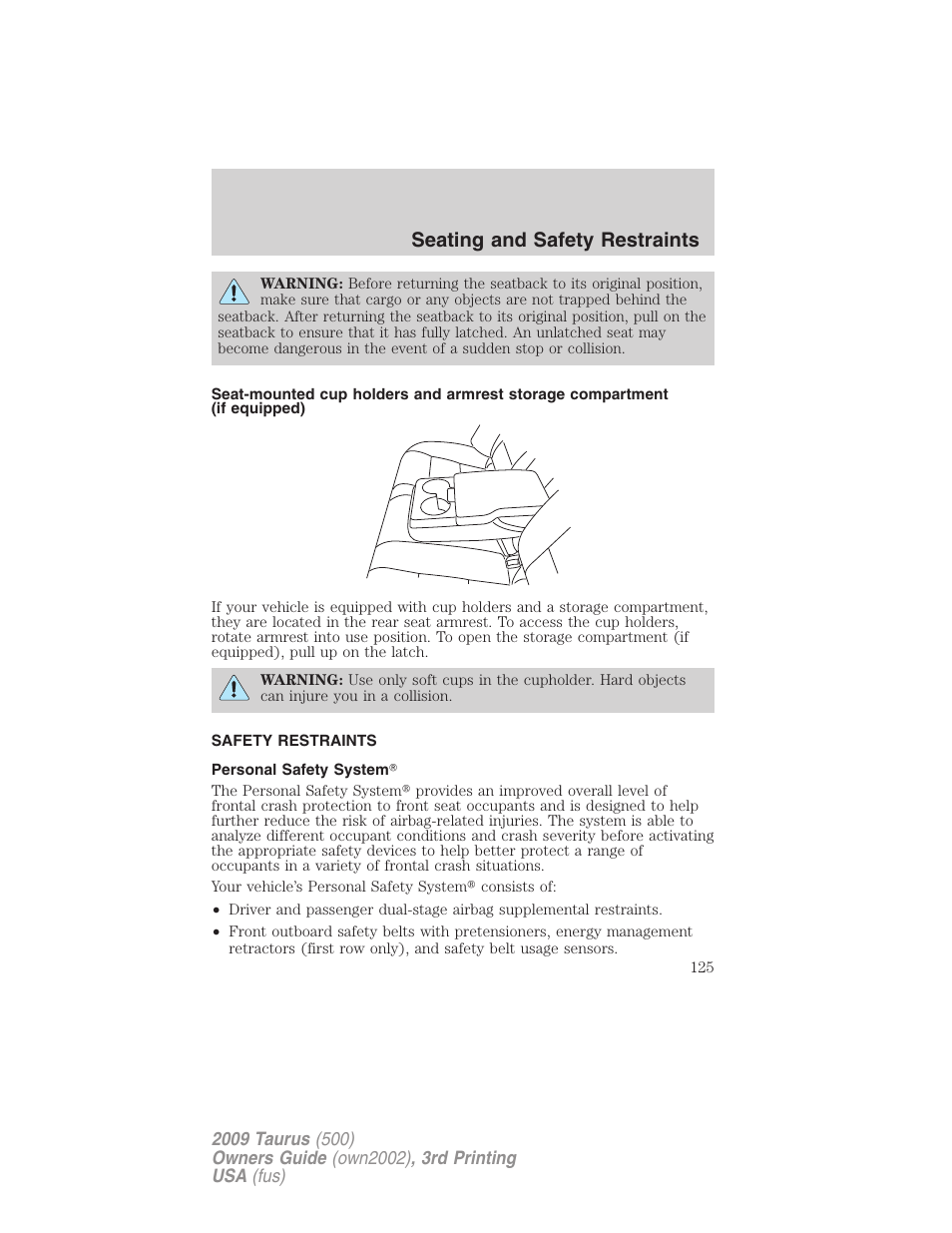 Safety restraints, Personal safety system, Seating and safety restraints | FORD 2009 Taurus v.3 User Manual | Page 125 / 309