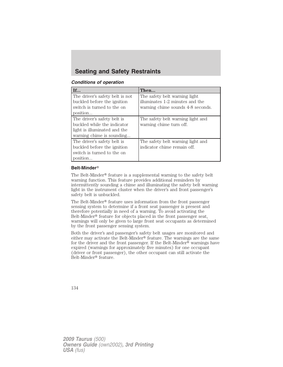 Conditions of operation, Belt-minder, Seating and safety restraints | FORD 2009 Taurus v.3 User Manual | Page 134 / 309