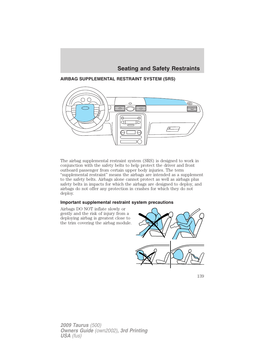 Airbag supplemental restraint system (srs), Airbags, Seating and safety restraints | FORD 2009 Taurus v.3 User Manual | Page 139 / 309