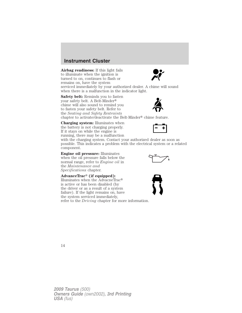 Instrument cluster | FORD 2009 Taurus v.3 User Manual | Page 14 / 309