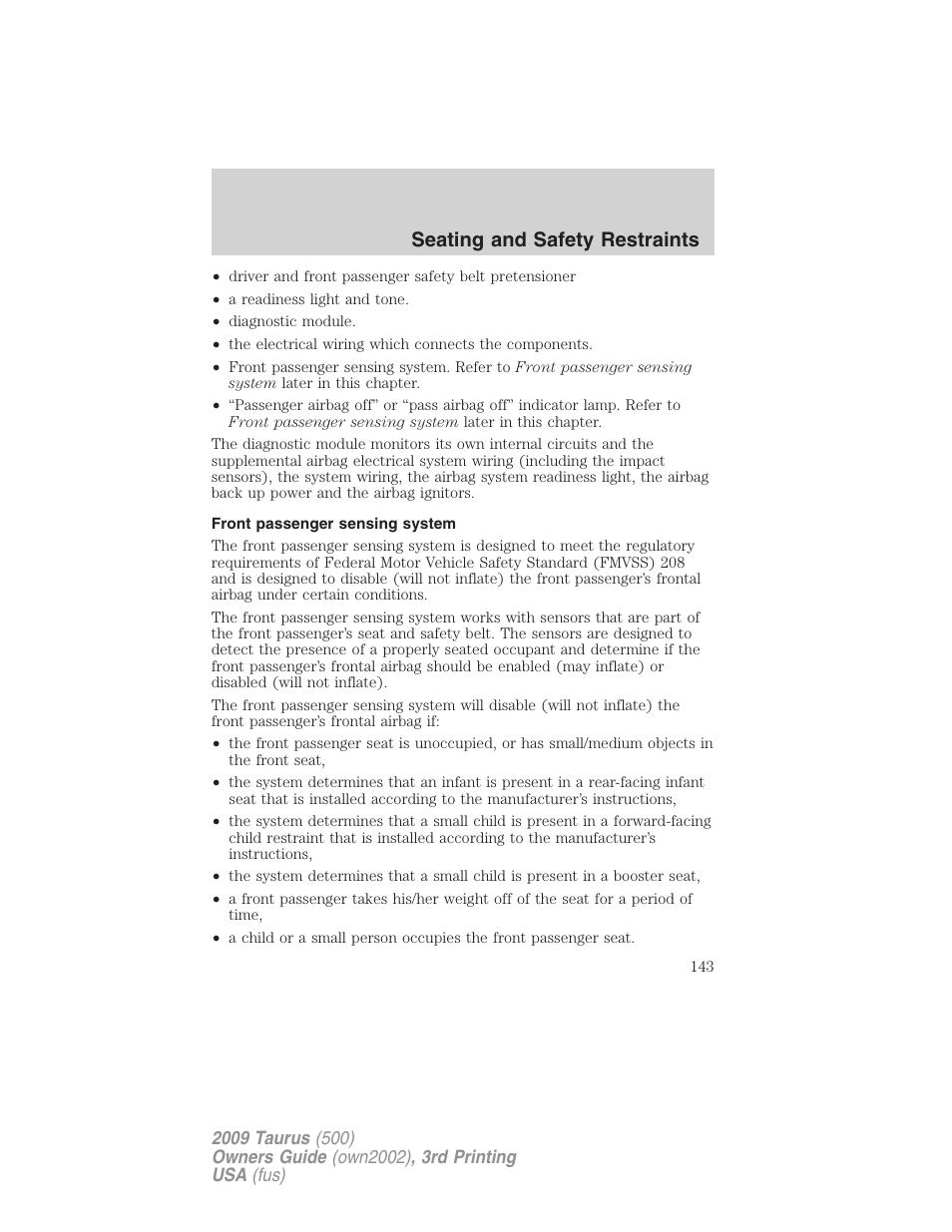 Front passenger sensing system, Seating and safety restraints | FORD 2009 Taurus v.3 User Manual | Page 143 / 309