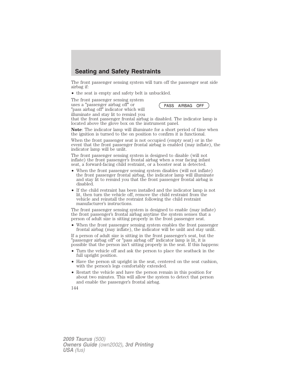 Seating and safety restraints | FORD 2009 Taurus v.3 User Manual | Page 144 / 309
