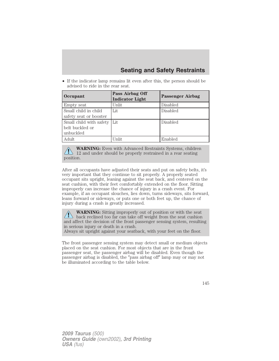 Seating and safety restraints | FORD 2009 Taurus v.3 User Manual | Page 145 / 309