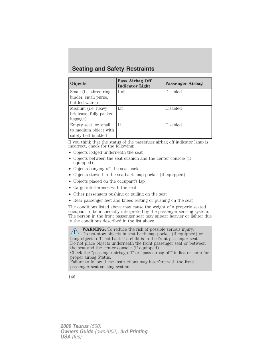 Seating and safety restraints | FORD 2009 Taurus v.3 User Manual | Page 146 / 309