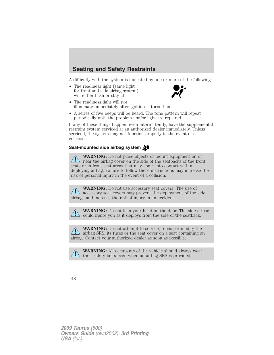 Seat-mounted side airbag system, Seating and safety restraints | FORD 2009 Taurus v.3 User Manual | Page 148 / 309