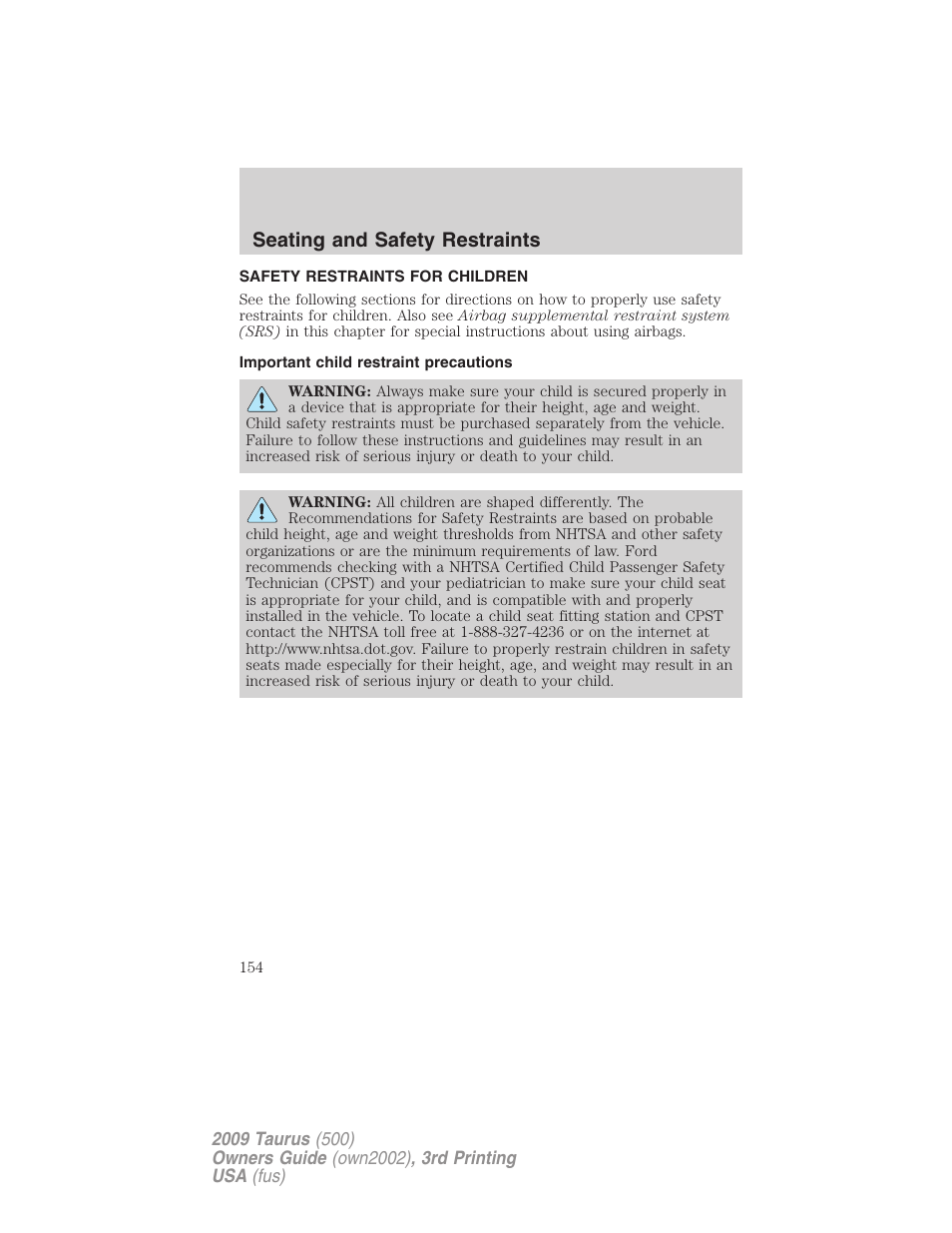 Safety restraints for children, Important child restraint precautions, Child restraints | Seating and safety restraints | FORD 2009 Taurus v.3 User Manual | Page 154 / 309