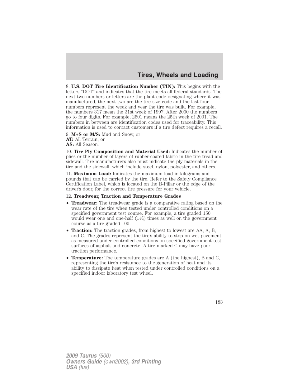 Tires, wheels and loading | FORD 2009 Taurus v.3 User Manual | Page 183 / 309