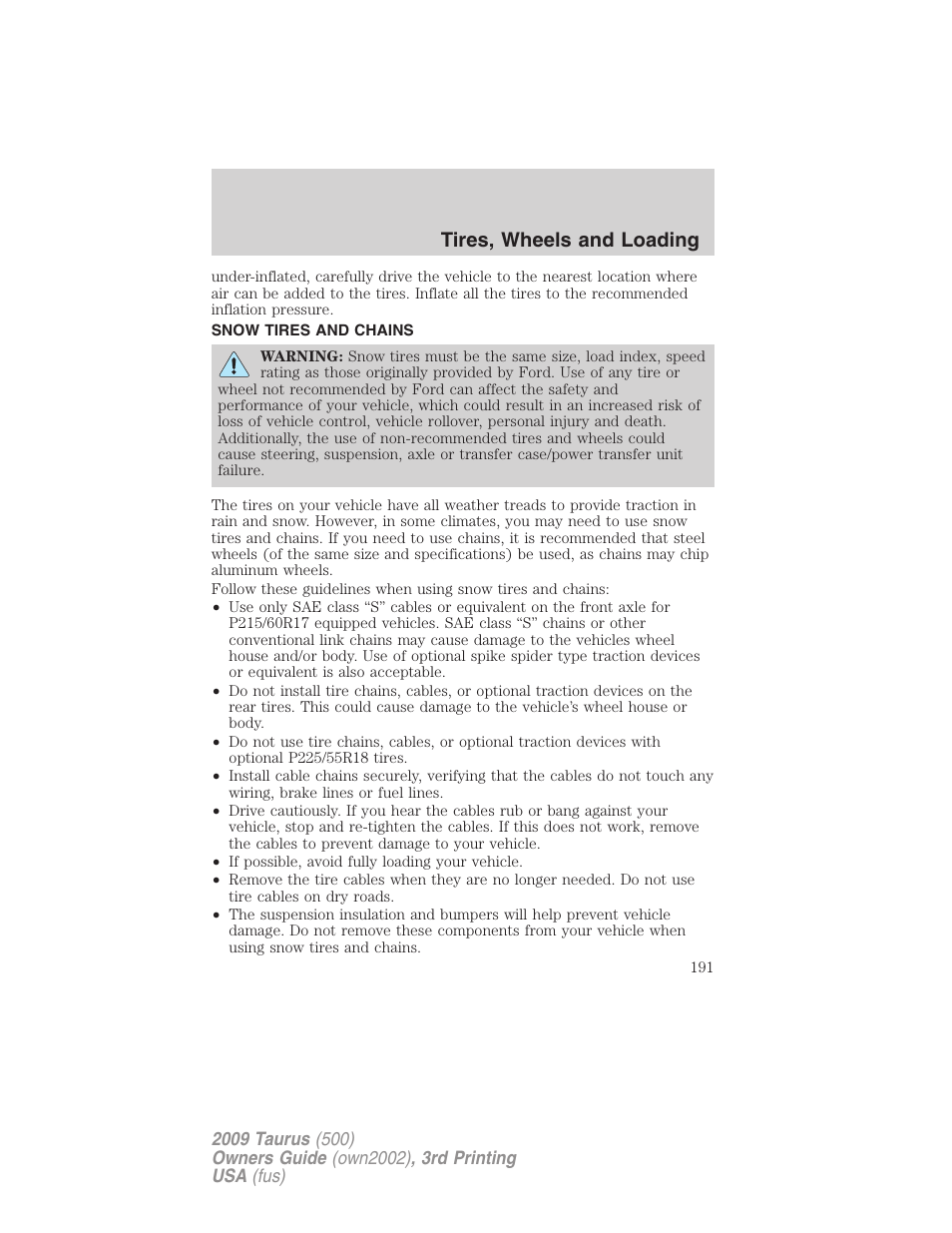 Snow tires and chains, Tires, wheels and loading | FORD 2009 Taurus v.3 User Manual | Page 191 / 309