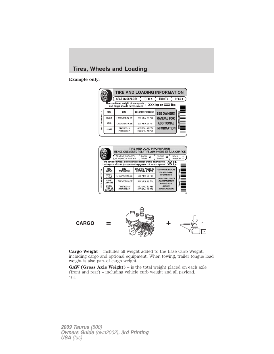 Tires, wheels and loading | FORD 2009 Taurus v.3 User Manual | Page 194 / 309