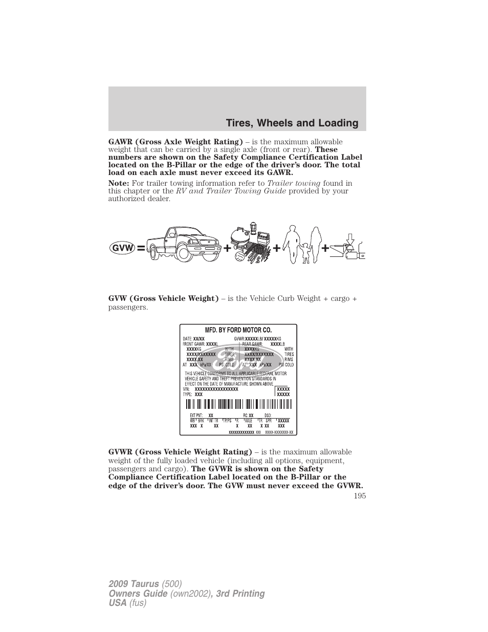 Tires, wheels and loading | FORD 2009 Taurus v.3 User Manual | Page 195 / 309