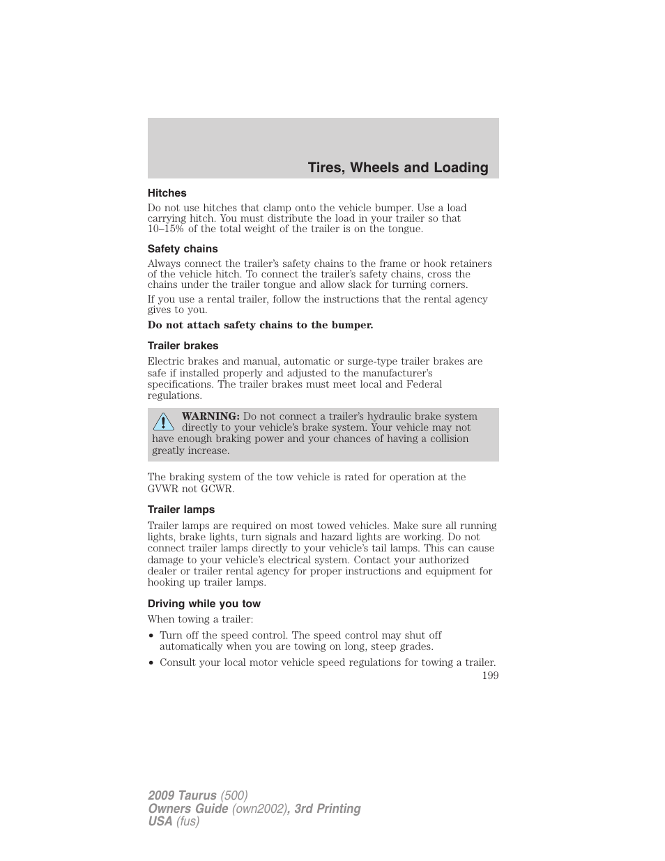 Hitches, Safety chains, Trailer brakes | Trailer lamps, Driving while you tow, Tires, wheels and loading | FORD 2009 Taurus v.3 User Manual | Page 199 / 309