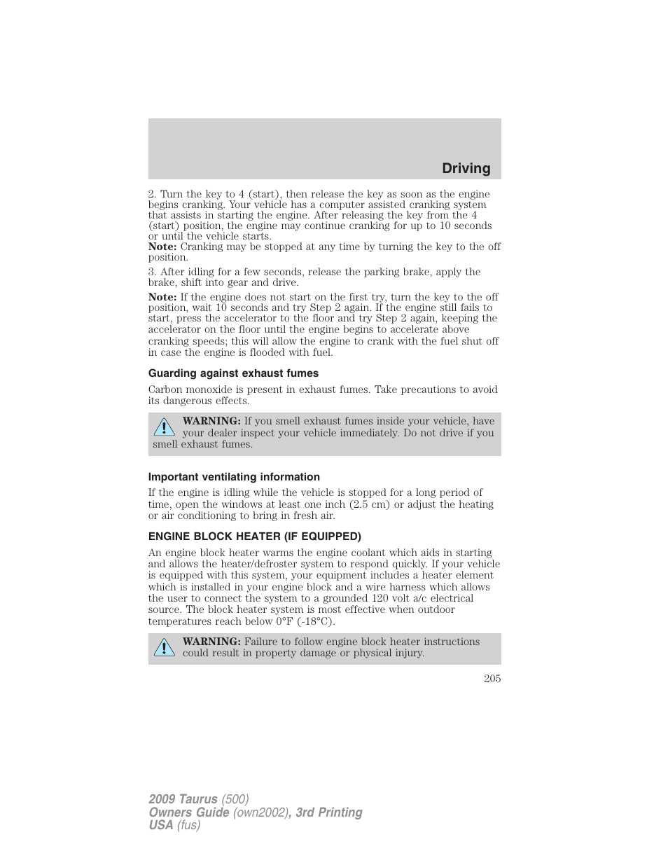 Guarding against exhaust fumes, Important ventilating information, Engine block heater (if equipped) | Driving | FORD 2009 Taurus v.3 User Manual | Page 205 / 309