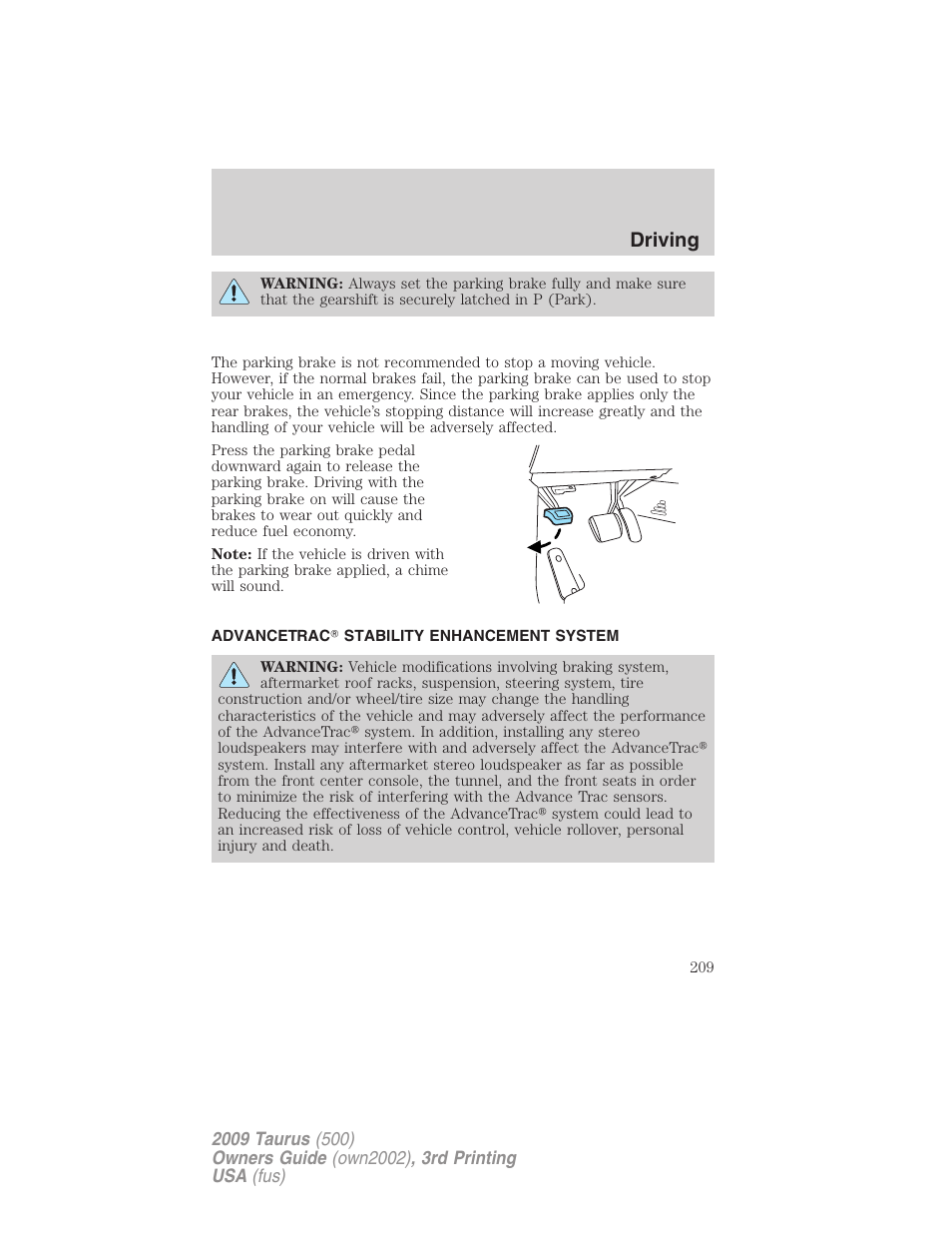 Advancetrac stability enhancement system, Advancetrac, Driving | FORD 2009 Taurus v.3 User Manual | Page 209 / 309