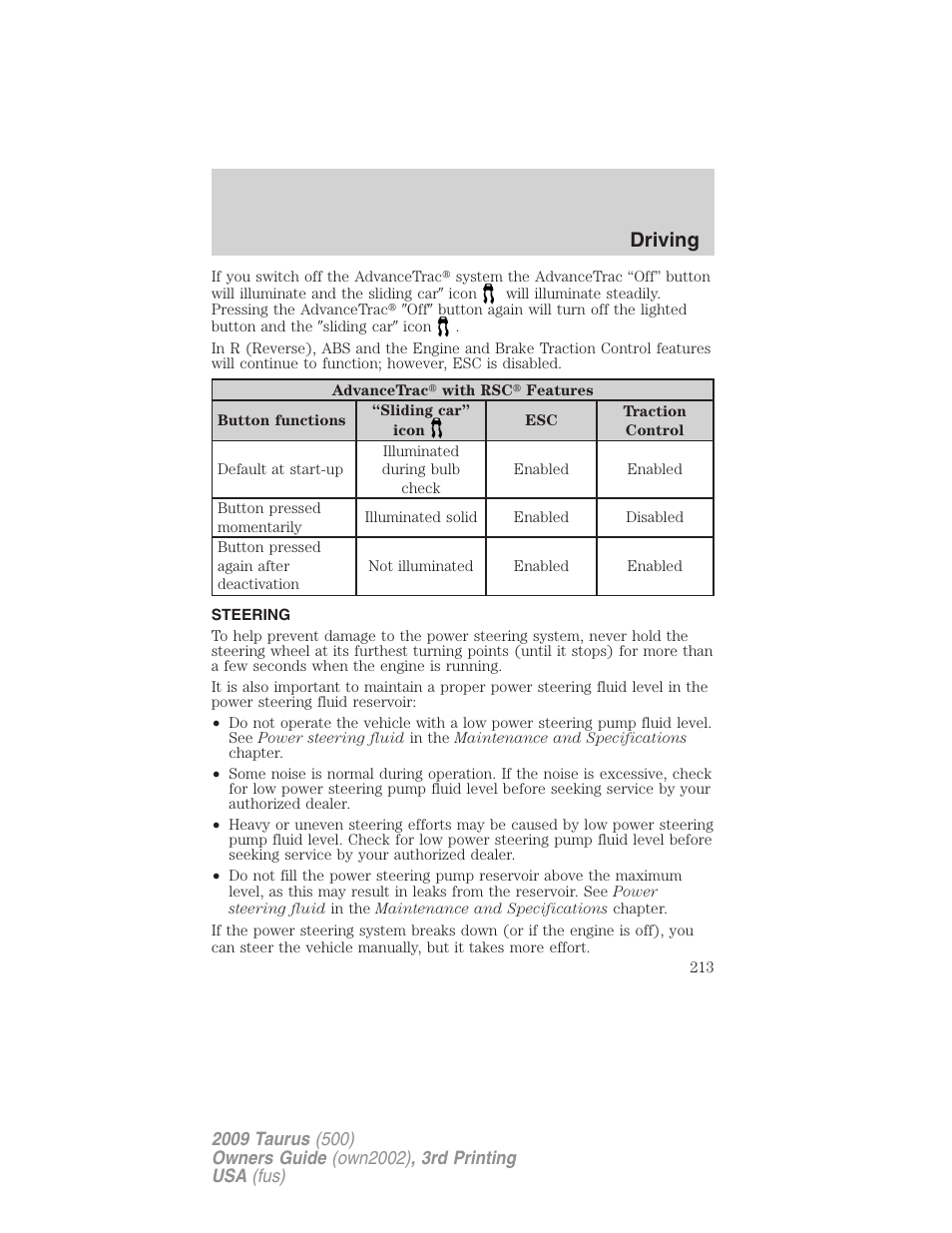 Steering, Driving | FORD 2009 Taurus v.3 User Manual | Page 213 / 309