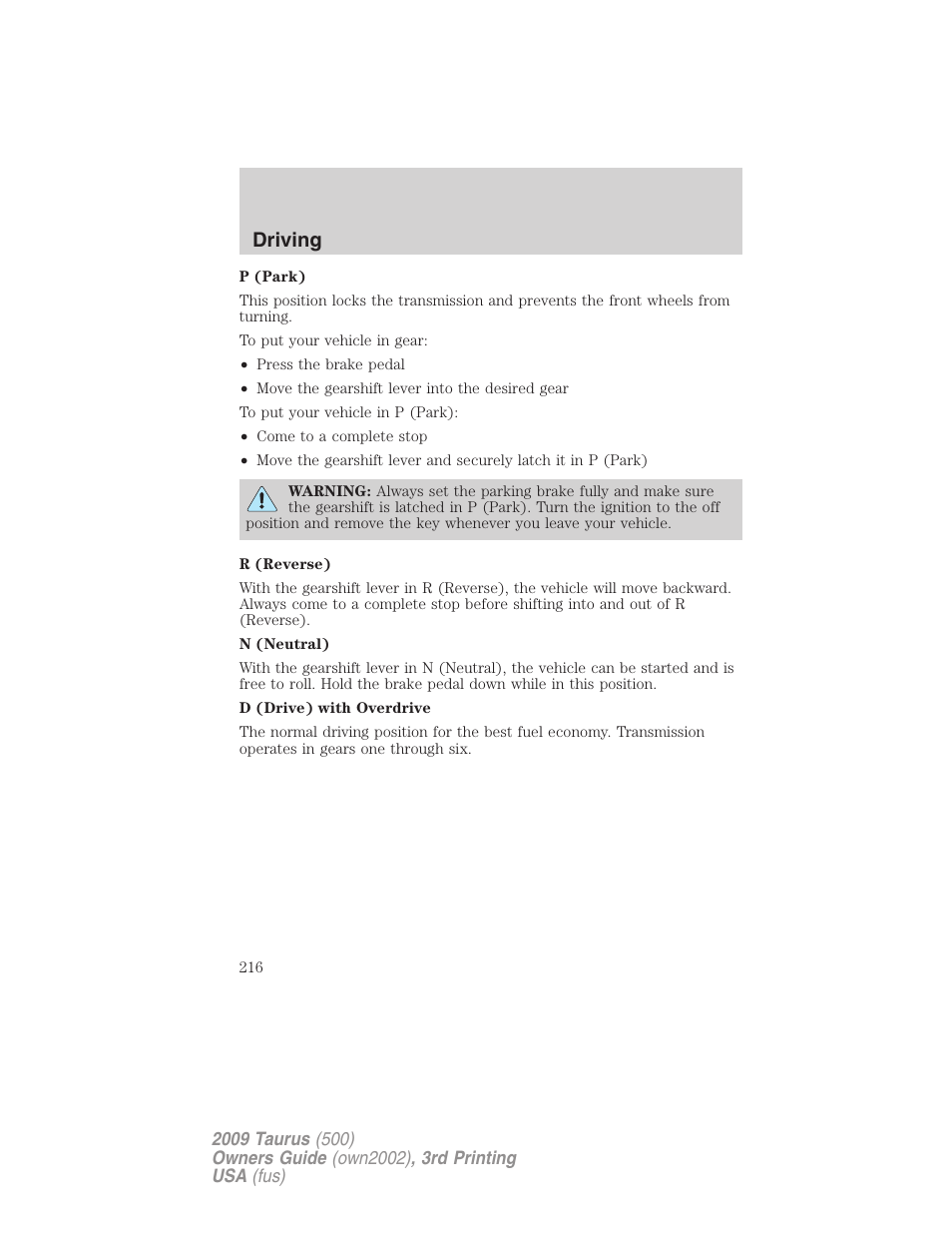 Driving | FORD 2009 Taurus v.3 User Manual | Page 216 / 309