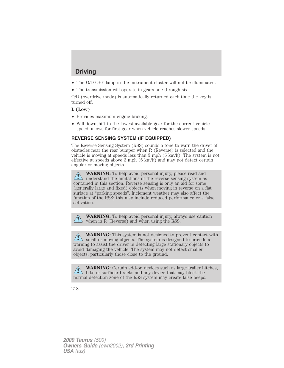 Reverse sensing system (if equipped), Reverse sensing system, Driving | FORD 2009 Taurus v.3 User Manual | Page 218 / 309