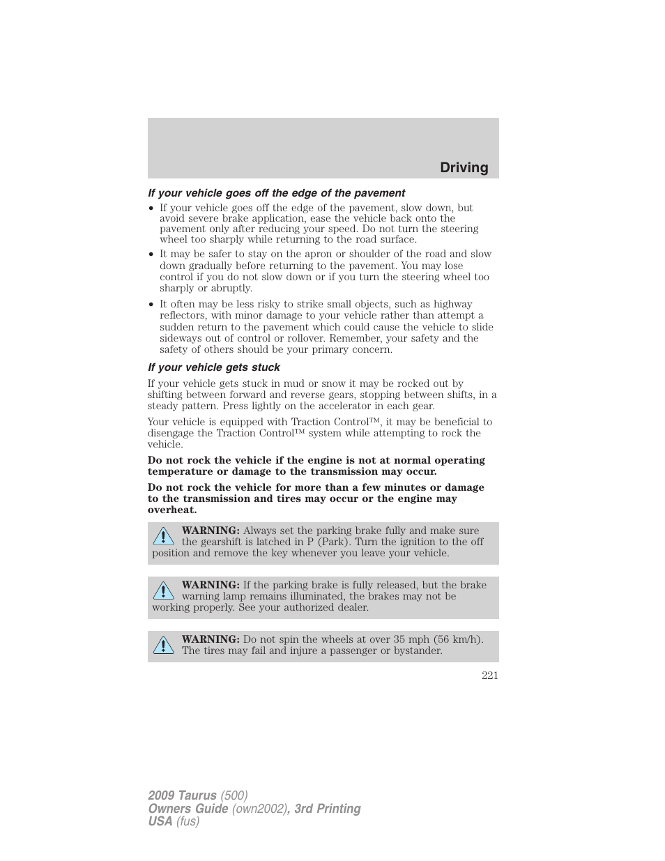 If your vehicle goes off the edge of the pavement, If your vehicle gets stuck, Driving | FORD 2009 Taurus v.3 User Manual | Page 221 / 309