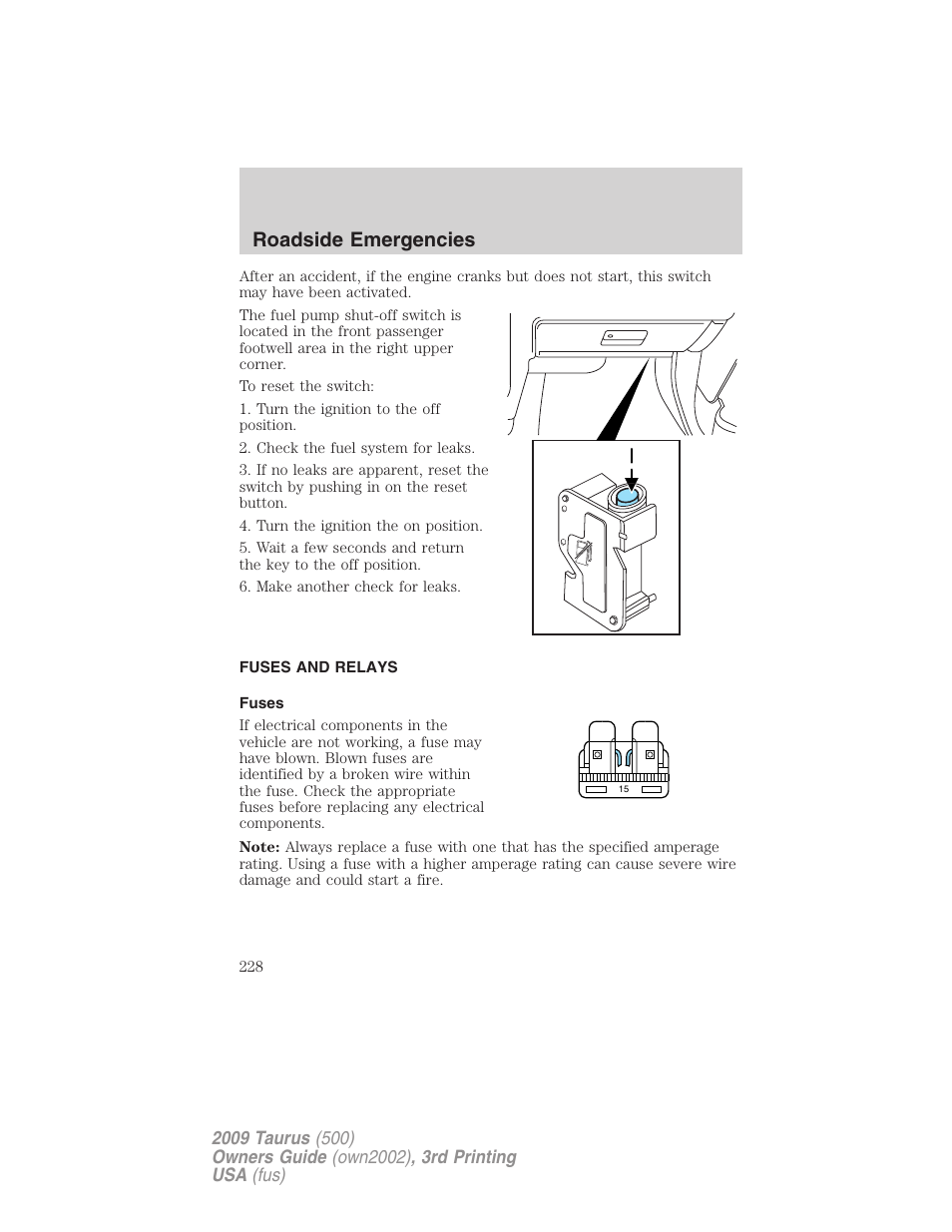 Fuses and relays, Fuses, Roadside emergencies | FORD 2009 Taurus v.3 User Manual | Page 228 / 309