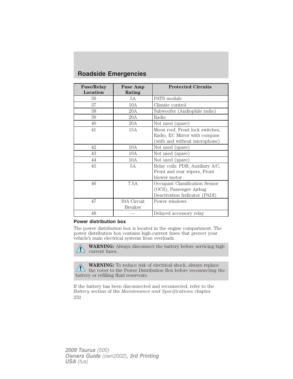 Power distribution box, Roadside emergencies | FORD 2009 Taurus v.3 User Manual | Page 232 / 309