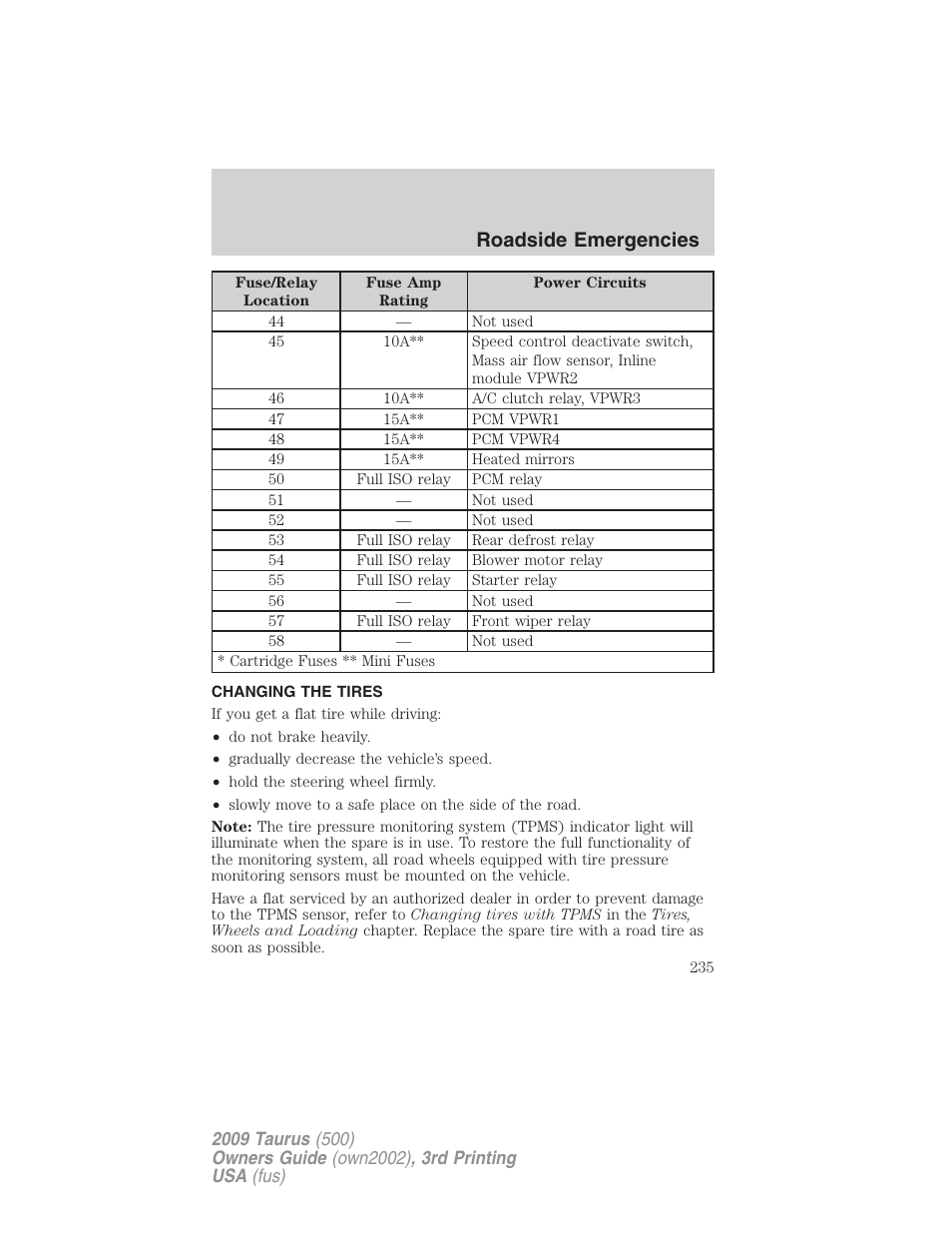 Changing the tires, Changing tires, Roadside emergencies | FORD 2009 Taurus v.3 User Manual | Page 235 / 309