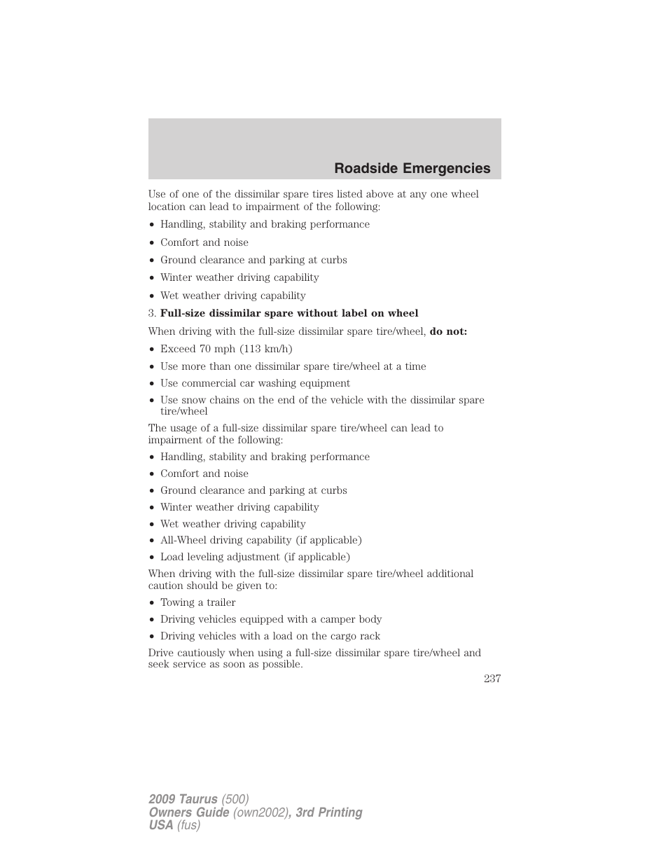 Roadside emergencies | FORD 2009 Taurus v.3 User Manual | Page 237 / 309