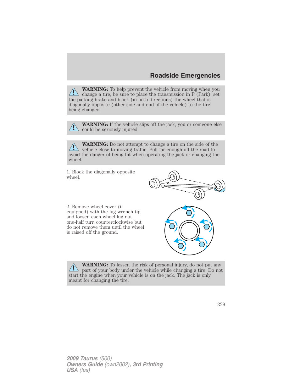 Roadside emergencies | FORD 2009 Taurus v.3 User Manual | Page 239 / 309